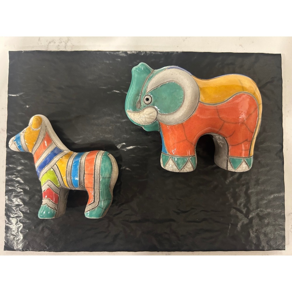Handmade South Africa Ceramic Elephant and Zebra Figurines Colorful Glazed